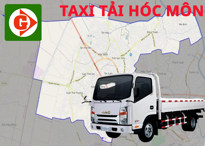 Hình ảnh xe tải và logo ứng dụng đặt dịch vụ taxi tải tại khu vực Hóc Môn