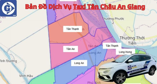 Hình ảnh xe taxi GVTaxi đang hoạt động tại khu vực Tân Châu, An Giang với thông tin tải ứng dụng