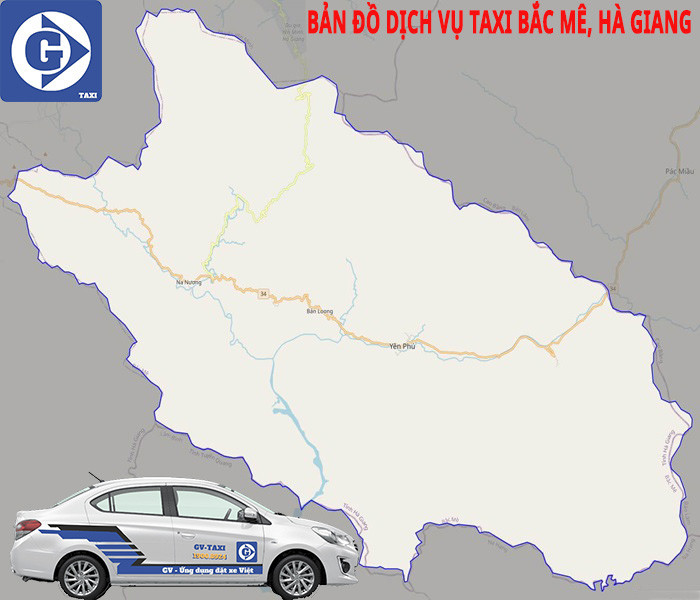 Hình ảnh xe taxi và biểu tượng ứng dụng di động phục vụ tại khu vực Bắc Mê Hà Giang