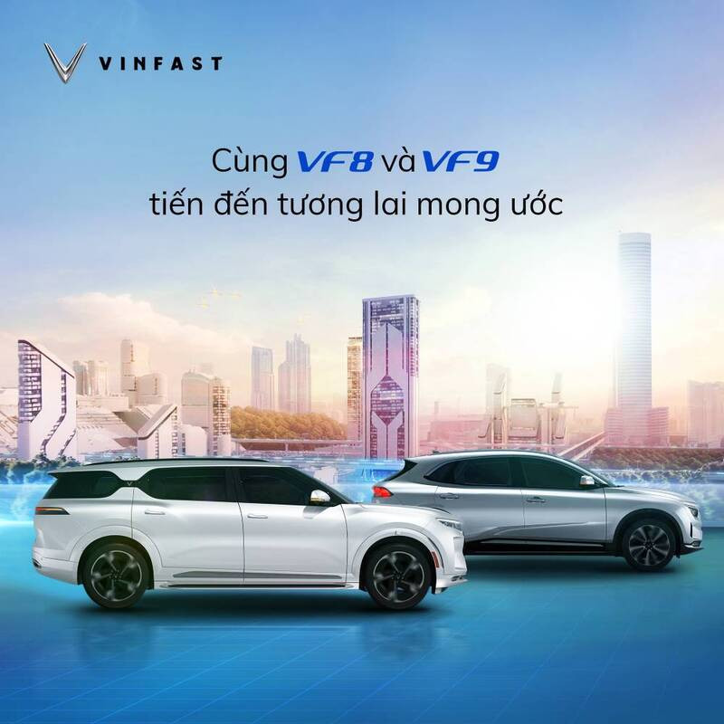 Hình ảnh xe VinFast VF 8 và VF 9 vận hành êm ái, thể hiện chính sách mua xe điện ưu việt