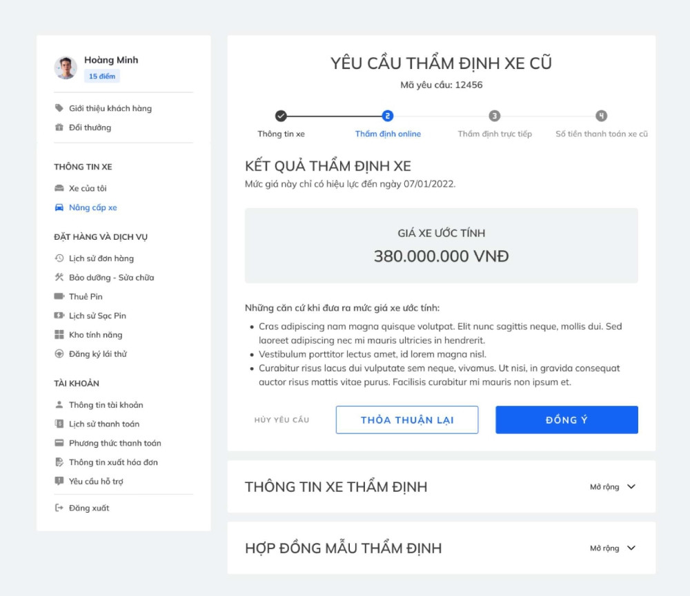 Kết quả định giá sau khi thẩm định xe VinFast online