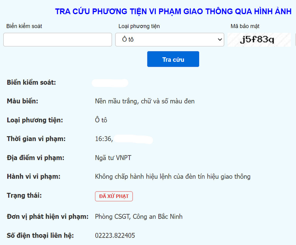 Kết quả tra cứu hiển thị thông tin vi phạm phạt nguội ô tô trên trang web chính thức