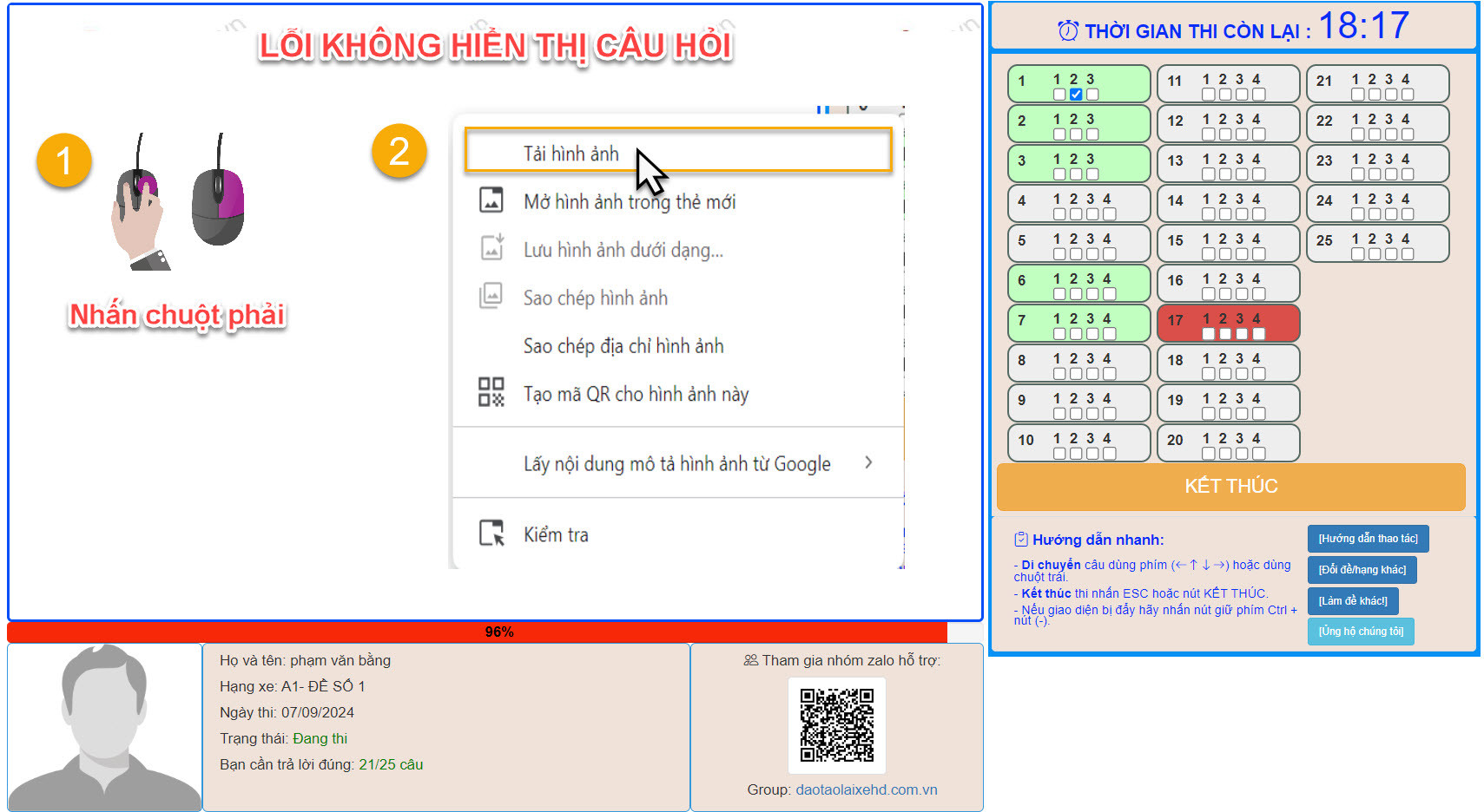 Khắc phục lỗi tải hình ảnh khi thi thử bằng lái xe A1 trực tuyến