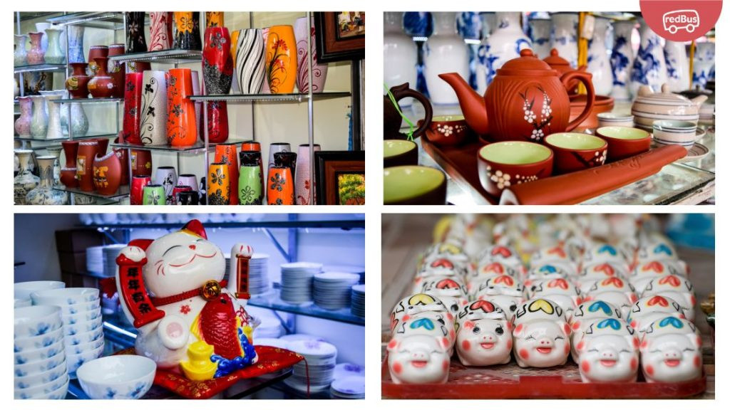 Khu chợ gốm Bát Tràng tấp nập với hàng ngàn mặt hàng gốm sứ đa dạng, từ đồ gia dụng đến đồ trang trí.