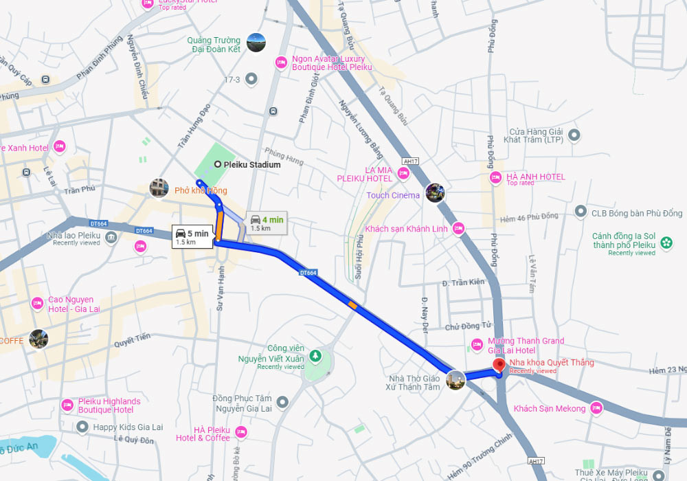 Lộ trình di chuyển thuận lợi đến sân vận động Pleiku