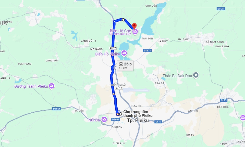 Lộ trình di chuyển từ Pleiku đến Biển Hồ Chè Gia Lai