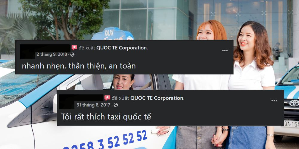 Màn hình hiển thị các đánh giá và phản hồi của khách hàng về dịch vụ xe taxi Quốc Tế.