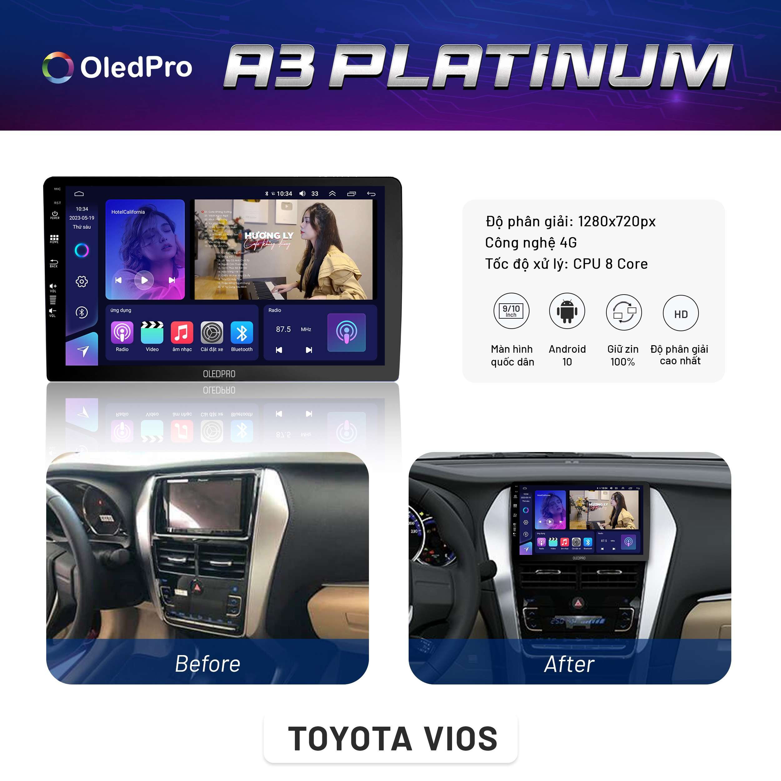 Màn hình OledPro A3 Platinum trên xe Toyota Vios, hiển thị giao diện đẹp mắt.