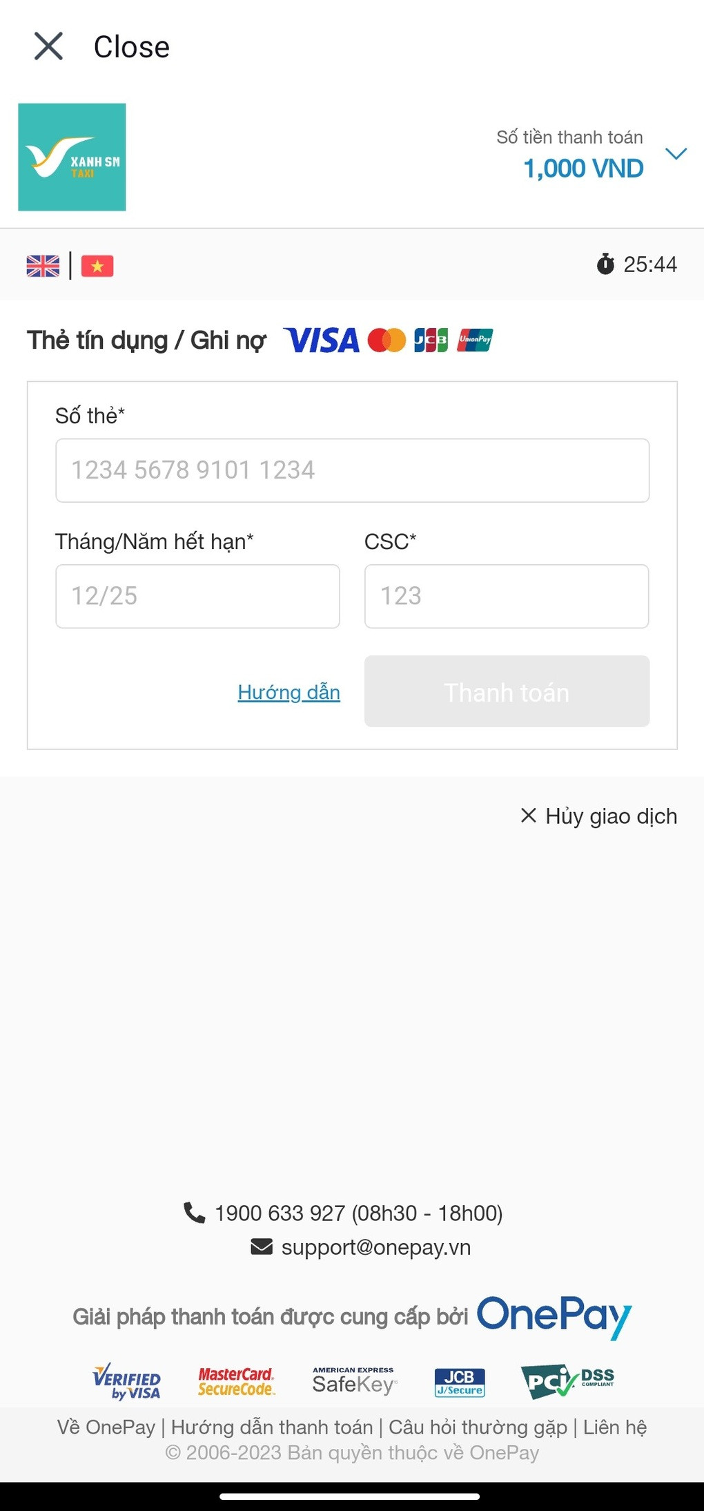 Màn hình ứng dụng Taxi Xanh SM cho phép khách hàng đăng ký thanh toán bằng thẻ tín dụng hoặc ghi nợ tiện lợi