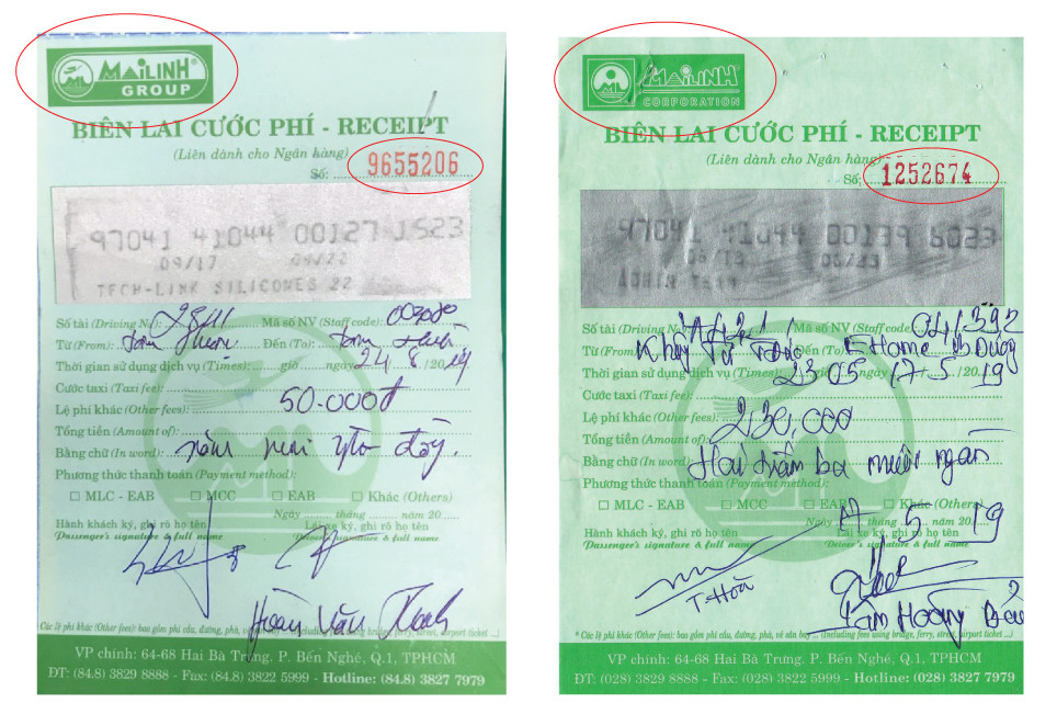 Mẫu biên lai cước phí mới có logo taxi Mai Linh