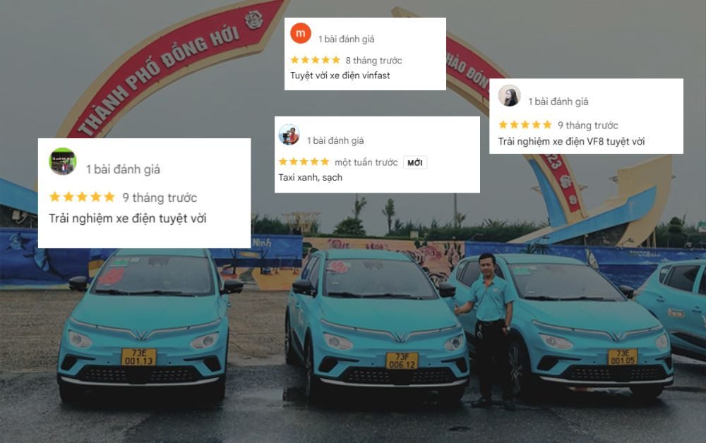 Một chiếc taxi điện Xanh SM màu xanh lá nổi bật trên đường phố Quảng Bình