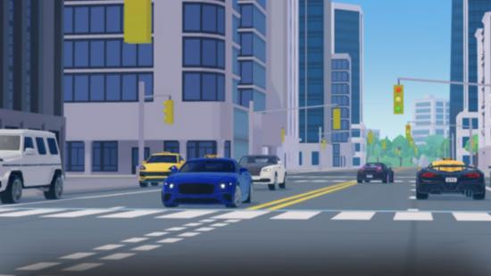 Một chiếc xe taxi màu vàng đang di chuyển trên đường phố đông đúc ở thành phố lớn, đại diện cho game Taxi Boss.