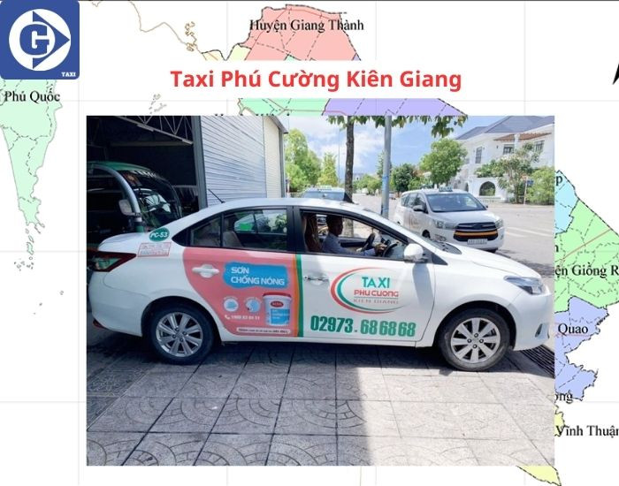 Một chiếc xe Taxi Phú Cường di chuyển trên đường phố Kiên Giang, thể hiện sự hiện diện của hãng