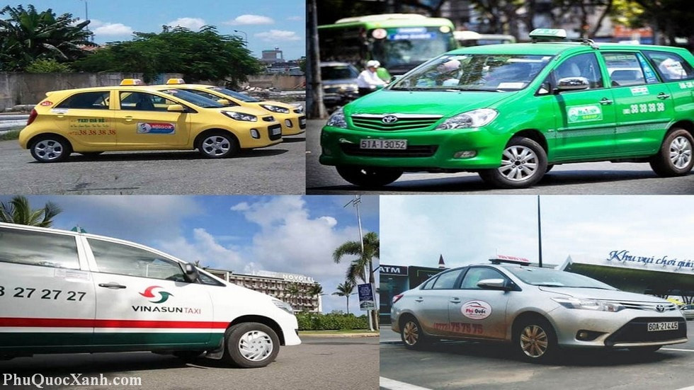 Một hàng xe taxi đang chờ khách trên con đường phố tại Phú Quốc, với các tòa nhà và cây xanh xung quanh