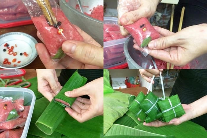 Cách gói từng chiếc nem vuông vắn từ thịt đã trộn và lá chuối