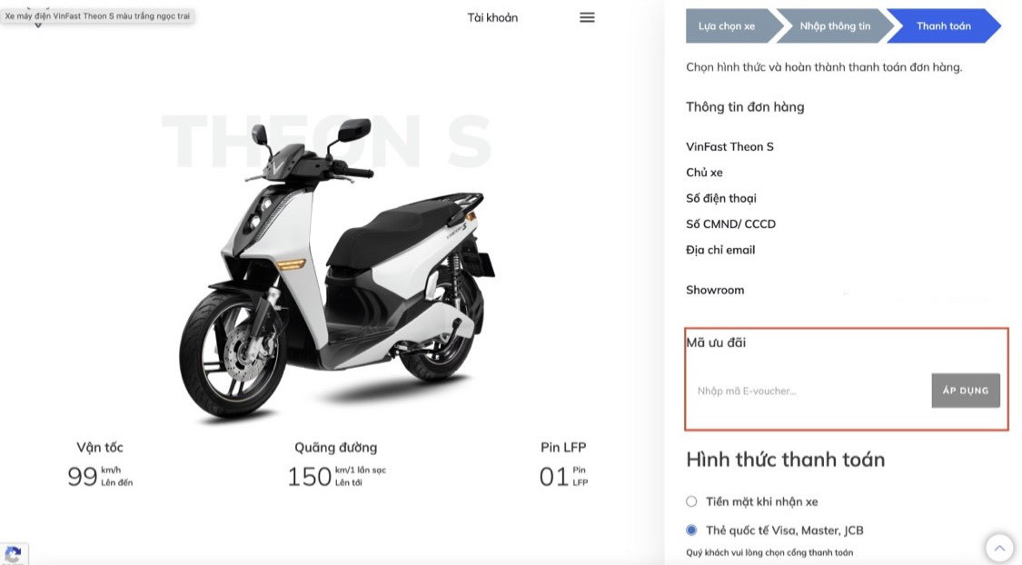 Nhập mã ưu đãi xe máy điện VinFast khi mua online