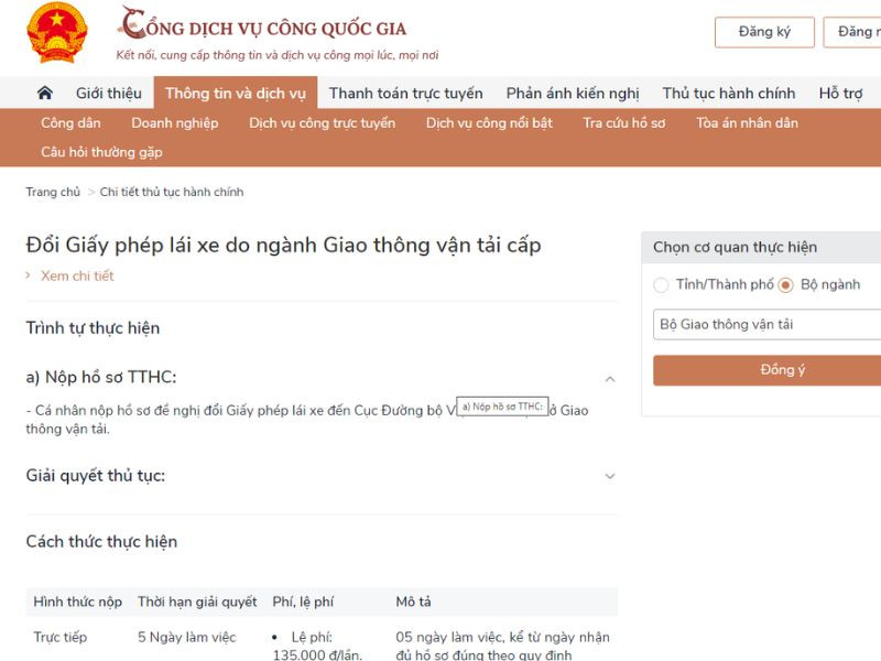 Nộp hồ sơ đổi bằng lái xe hạng C trực tuyến qua Cổng dịch vụ công