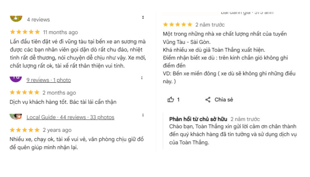 Phản hồi khách hàng về xe Sài Gòn đi Vũng Tàu Toàn Thắng