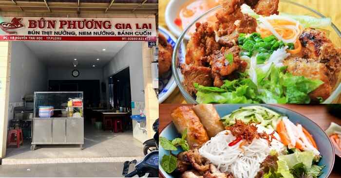 Tô bún thịt nướng đầy đặn với thịt vàng óng, rau xanh tươi tại Bún Phương – Một quán ăn ngon ở Pleiku