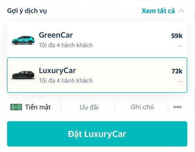 So sánh mức giá dịch vụ GrabCar Plus và Xanh SM trên ứng dụng di động