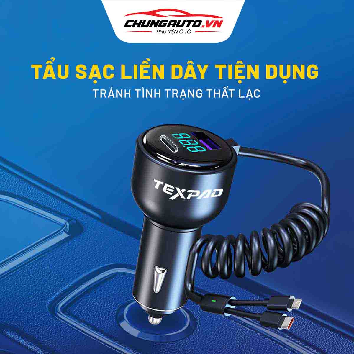 Tẩu sạc ô tô TexPad có dây liền dài 1.5m tiện lợi