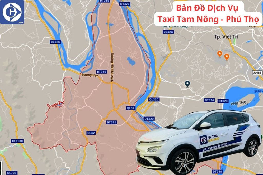Taxi GV Tam Nông Phú Thọ đang di chuyển trên đường, biểu tượng cho dịch vụ đặt xe tiện lợi qua ứng dụng.