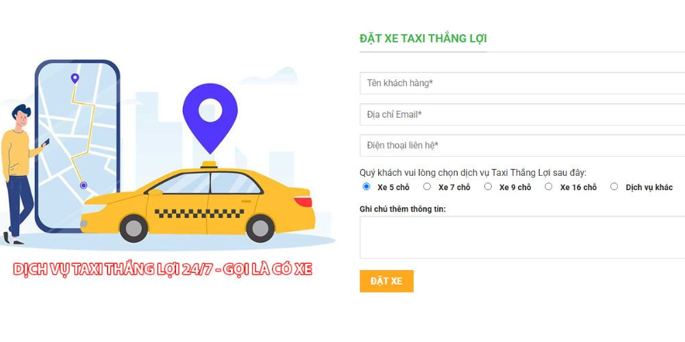 Taxi Long Thành Đồng Nai - Giao diện đặt xe taxi Thắng Lợi trên website chính thức của hãng