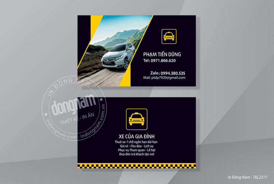Thiết kế mẫu card visit taxi gia đình với hình ảnh xe và thông tin liên hệ rõ ràng