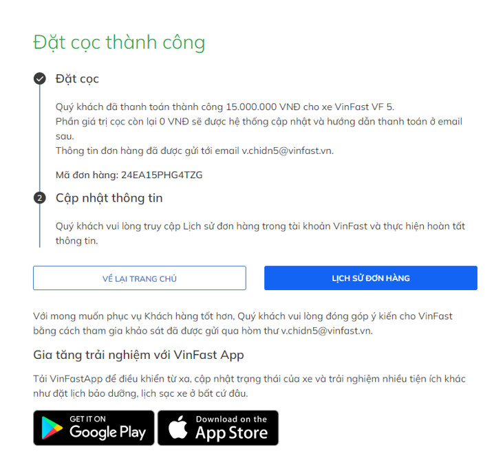 Thông báo đặt cọc VinFast VF 5 Plus thành công trên hệ thống VinFast