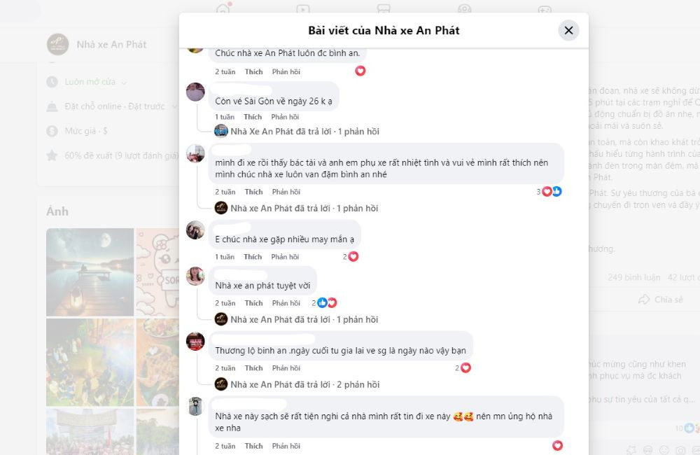 Tổng hợp các nhận xét của khách hàng trên trang Fanpage Nhà xe An Phát