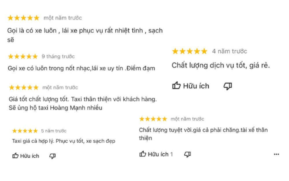 Tổng hợp nhận xét của khách hàng trên Google Maps về dịch vụ taxi Hoàng Mạnh Văn Lâm Hưng Yên