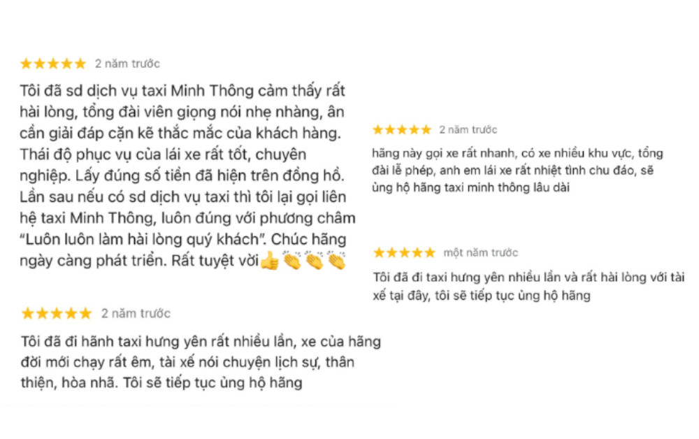 Tổng hợp nhận xét của khách hàng về dịch vụ taxi Minh Thông Văn Lâm Hưng Yên