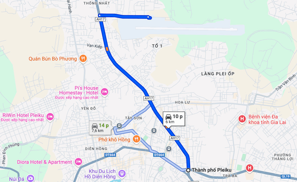 Tuyến đường di chuyển từ sân bay đến trung tâm thành phố Pleiku