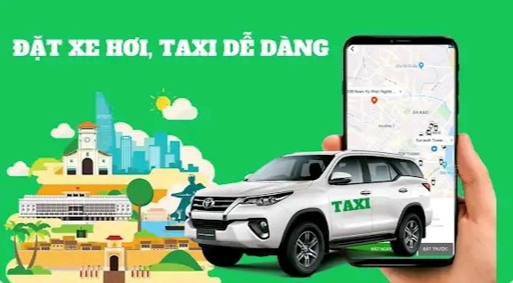 Ứng dụng đặt xe taxi trên điện thoại thông minh, hiển thị bản đồ và các lựa chọn phương tiện tại Bình Tân