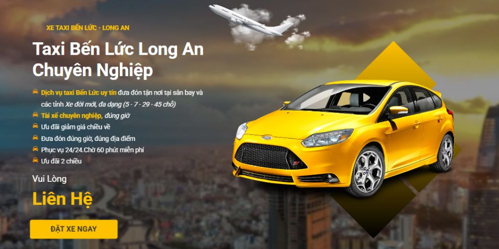 Xe taxi Bến Lức Long An màu vàng đang di chuyển trên đường, đại diện cho dịch vụ taxi uy tín trong khu vực