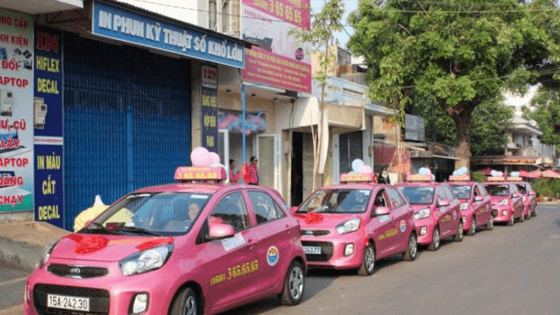 Xe taxi Hoàng Anh với màu hồng đặc trưng của hãng đang chạy trên đường phố Buôn Ma Thuột