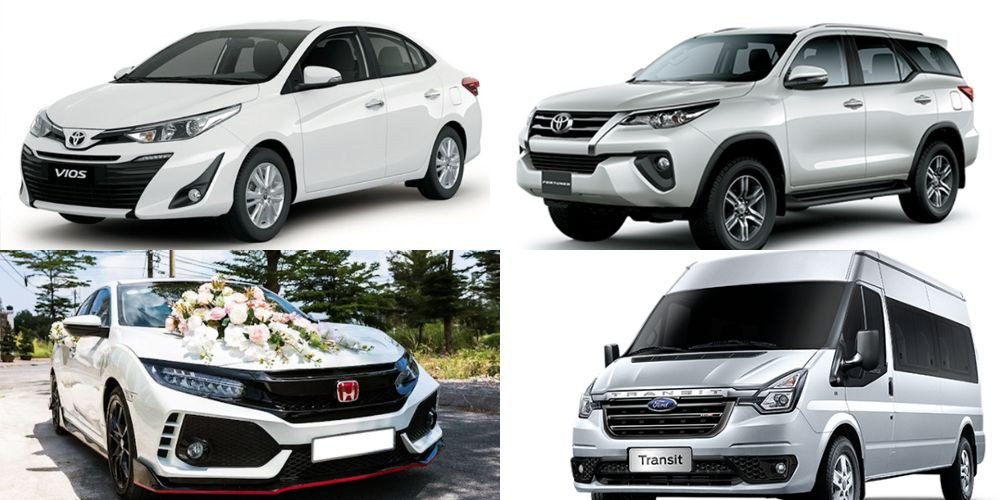 Xe taxi Long An màu trắng đang di chuyển trên đường, đại diện cho dịch vụ taxi uy tín và đa dạng