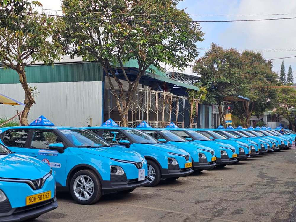 Xe taxi Mai Linh màu xanh đặc trưng di chuyển trên đường phố Bảo Lộc