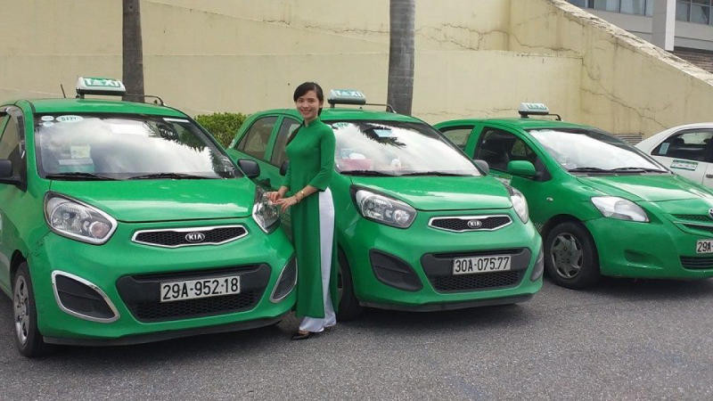 Xe taxi Mai Linh màu xanh lá cây đỗ bên đường ở Ninh Bình