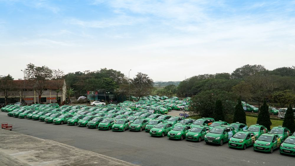 Xe taxi Mai Linh màu xanh lá cây nổi bật tại Ba Vì