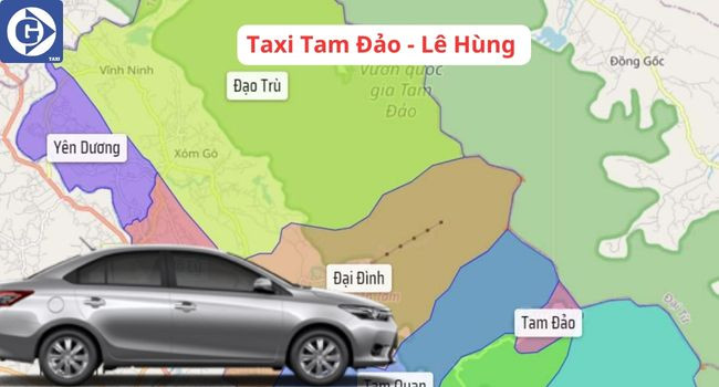 Xe taxi màu trắng di chuyển qua khu vực cây xanh tại Tam Đảo