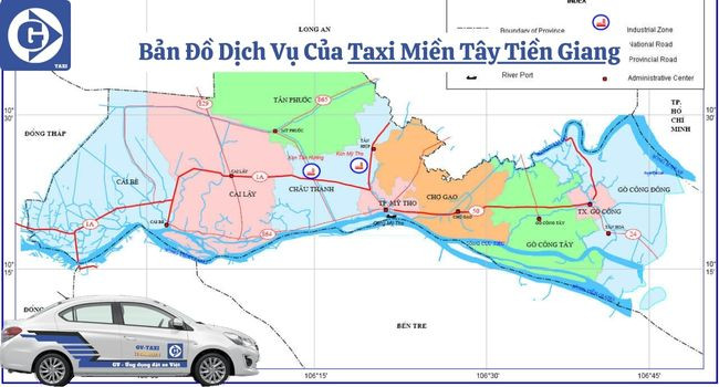 Xe taxi màu xanh đặc trưng đang chờ đón khách tại Tiền Giang, sẵn sàng phục vụ hành trình khám phá miền Tây.