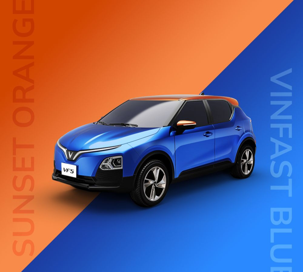 Xe VinFast VF 5 Plus phối màu ngoại thất xanh VinFast Blue và cam Sunset Orange hợp mệnh Mộc